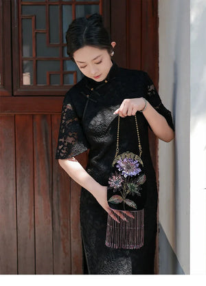 Embroidered Butterflies Black Bag | Canvas Crossbody with Beaded Chain - Yandan_Hanfu