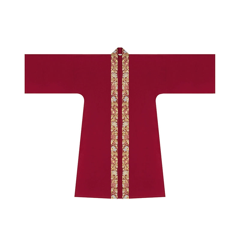 Front view of outer robe with gold floral embroidery from [Dan Que Acacia] New Chinese Style Red Wedding Dress set.