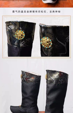 Detailed view of gold decorative buttons and embroidered cuffs on men's Hanfu wedding boots, emphasizing traditional design.