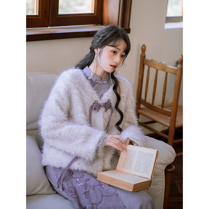 ''Falling Grace Lace Qipao Cheongsam Dress & Faux Fur Jacket Winte Blue Purple (Coat) / M ''Falling Grace Lace Qipao Cheongsam Dress & Faux Fur Jacket Winte Blue Purple (Coat) / M