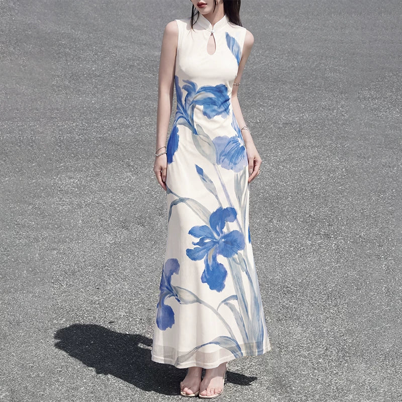 White iris cheongsam dress