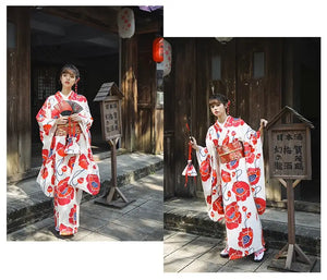 Two views of a white and red floral Japanese kimono dress, styled with an obi belt, worn in a traditional outdoor setting.