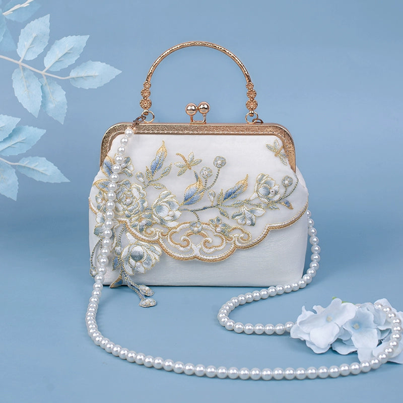 Yuejian white embroidered Hanfu bag with gold accents, pearl strap, and floral details, perfect for cultural and elegant events.