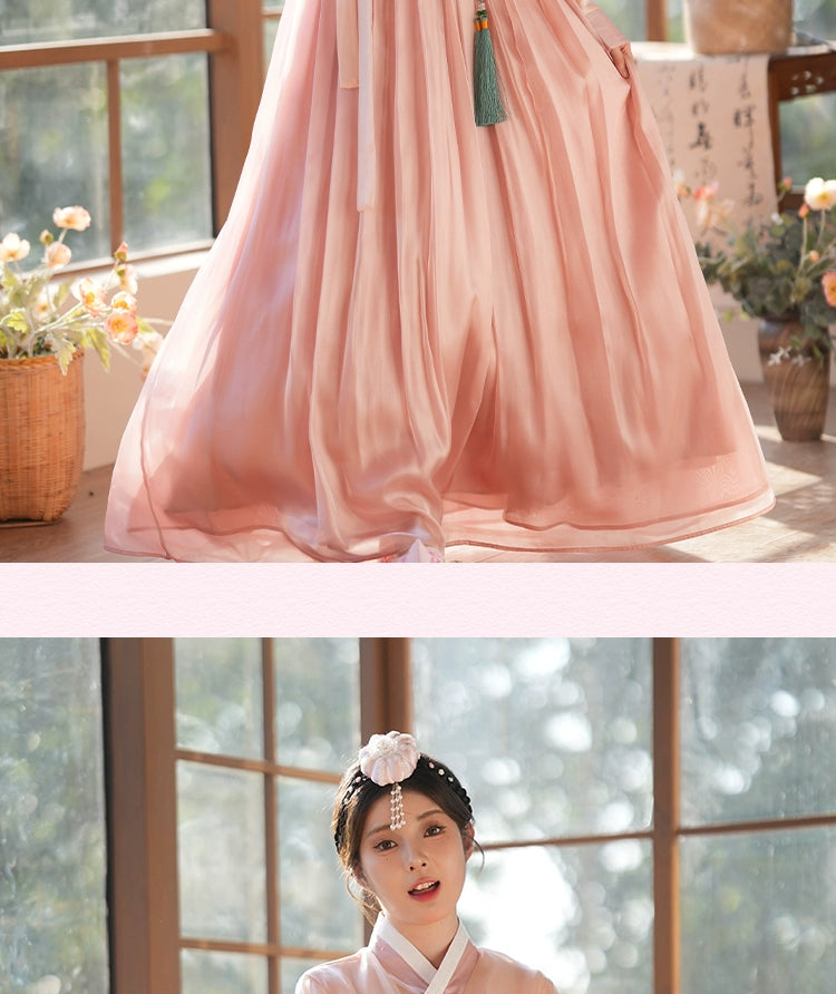 Pink hanbok dress with a traditional jeogori top and flowing skirt. A sophisticated and cultural fashion statement.