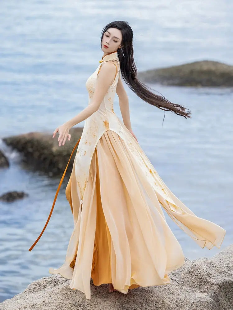 Cheongsam dress with flowing skirt in a seaside setting