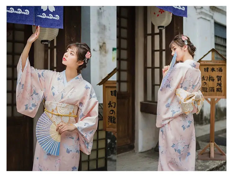 Collage of a woman wearing a pink crane-patterned yukata kimono, holding a fan and posing near Japanese-style architecture.