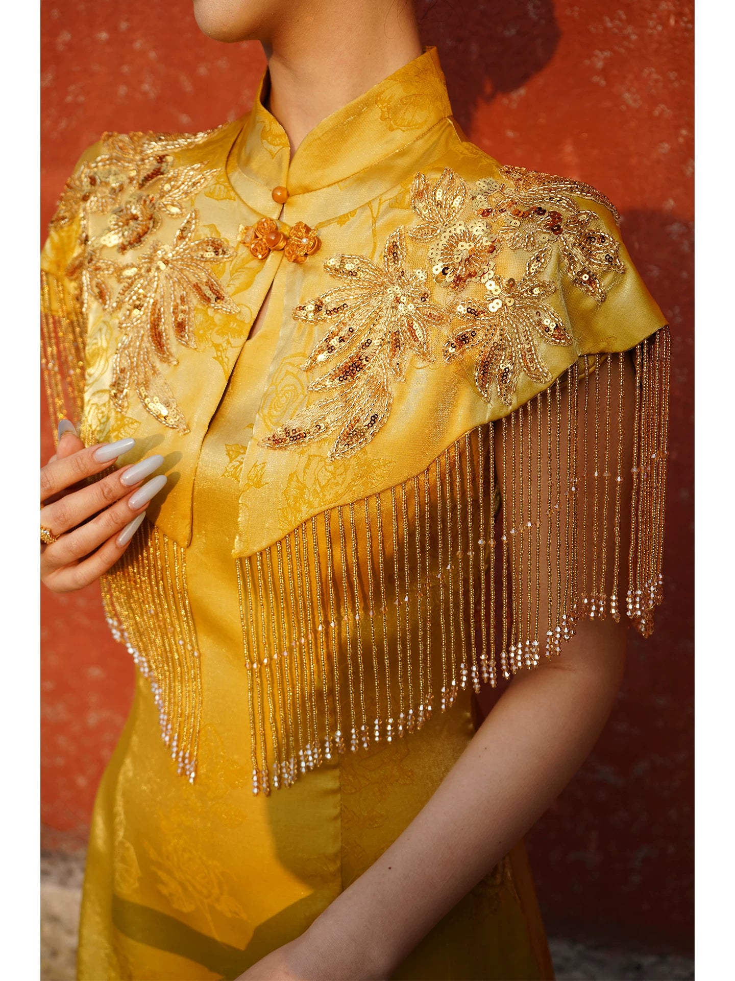 Zhiye Jinchan New Chinese mulberry silk bead embroidered tasselfishtail dress cheongsam - Glazed phoenix gold (handmade cloud shoulder) / S Zhiye Jinchan New Chinese mulberry silk bead embroidered tasselfishtail dress cheongsam - Glazed phoenix gold (handmade cloud shoulder) / S