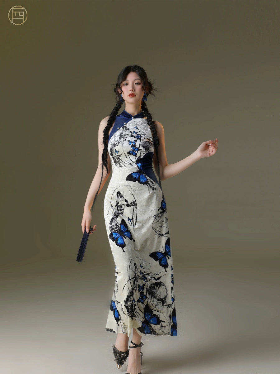 Velvet butterfly printing elastic cheongsam