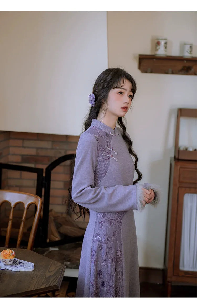 ''Falling Grace Lace Qipao Cheongsam Dress & Faux Fur Jacket Winte Blue purple (coat) / M ''Falling Grace Lace Qipao Cheongsam Dress & Faux Fur Jacket Winte Blue purple (coat) / M