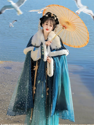 Discover our enchanting blue Hanfu for women, embodying Tang Dynasty's fairy elegance with Han elements. Perfect for daily wear in autumn and winter, our collection includes beautifully crafted shawls and cloaks that evoke a sense of historical charm