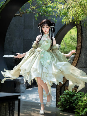 Front view of Flower Marriage Green Lolita Dress featuring butterfly wing design and floral embellishments for a fairy-tale look.