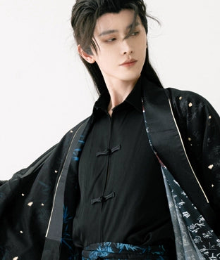 Experience the elegance of the Song Dynasty with our Calligraphy Hanfu Men's Cloak Large Sleeve Shirt Black Suit. Inspired by Chinese calligraphy and cultural aesthetics, each piece embodies timeless sophistication. Elevate your wardrobe with our fusion of classic and contemporary Hanfu styles.
