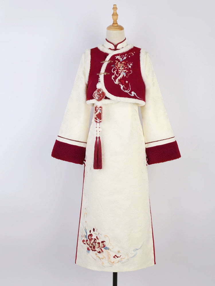 autumn and winter lolita spring dawn Chinese style short vest new year red robe long sleeve op cheongsam dress