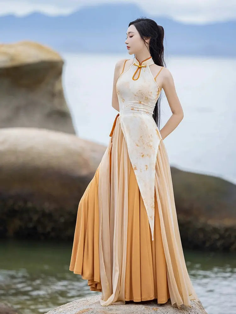 Woman posing in a graceful cheongsam dress by water