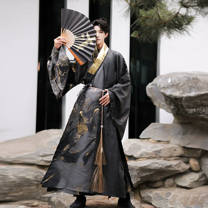 Song Dynasty Hanfu: Elegant Yuanshi large-sleeved shirts, noble Jin and Tang Dynasty menswear, adorned with jade pendants and fans. Made in the Ming Dynasty Taoist robes: gold and black textured, embodying aristocratic refinement.