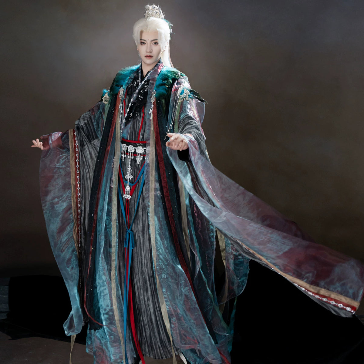 Peacock blue and iridescent layered xianxia outfit — worn garment view 3