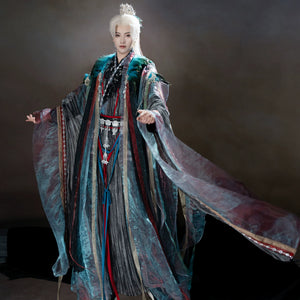 Peacock blue and iridescent layered xianxia outfit — worn garment view 3