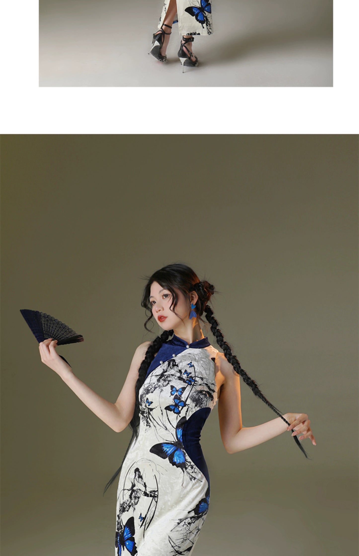 Velvet butterfly printing elastic cheongsam