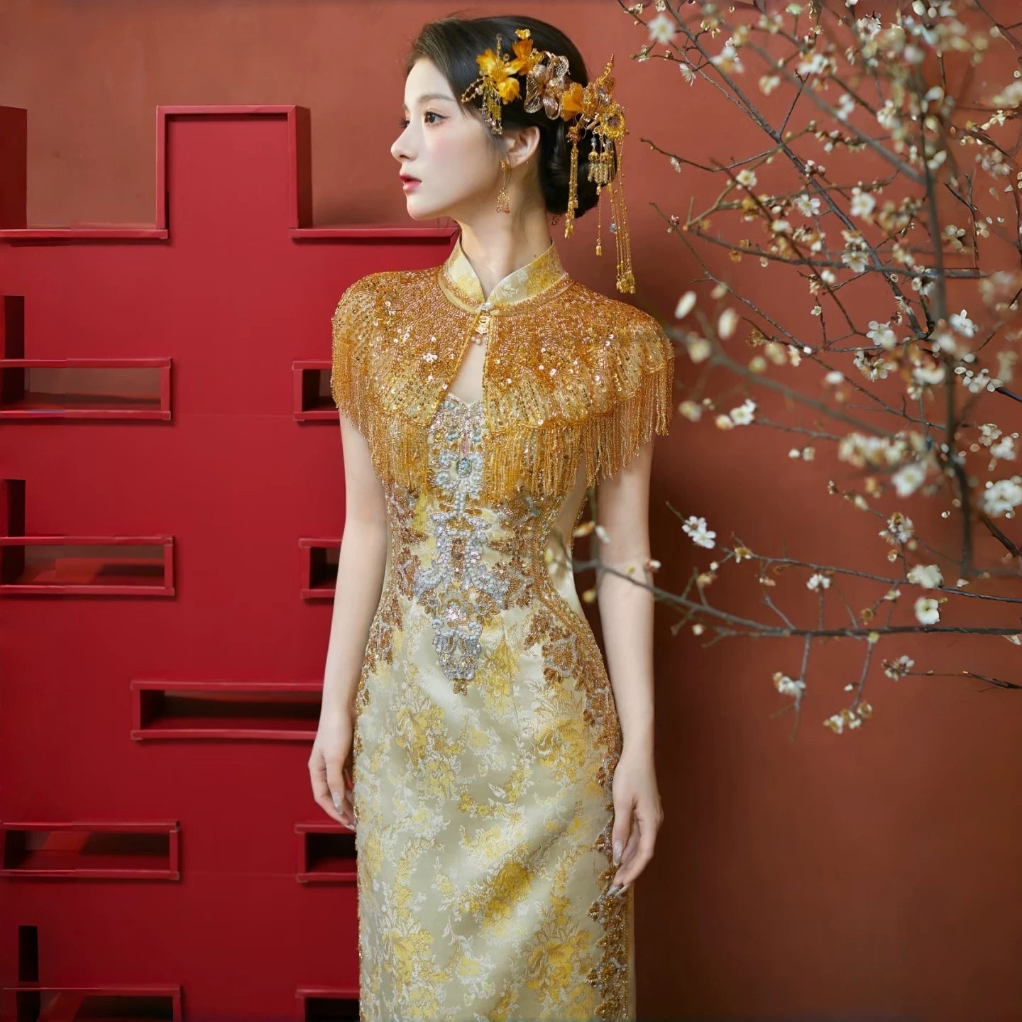 Gold Cheongsam Bridal Gown Toast Clothing Heavy Industry Bride Engagem Yandan_Hanfu Gold Cheongsam Bridal Gown Toast Clothing Heavy Industry Bride Engagem Yandan_Hanfu