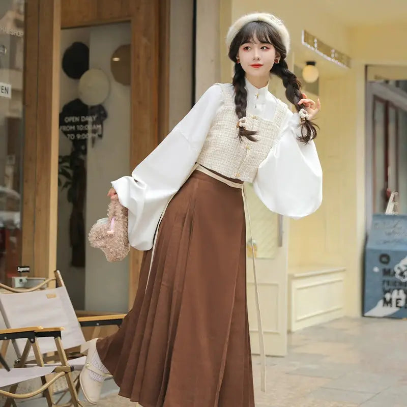 This brown modern hanfu blends tradition and style with hanfu sleeves, a chic hanfu jacket, and elegant hanfu patterns. Perfect as a princess hanfu dress, fairy hanfu dress, or casual hanfu, it’s ideal for hanfu cosplay or everyday wear. Inspired by Ming Dynasty hanfu, this modern hanfu dress suits hanfu women for any occasion. Looking for winter hanfu or wondering where to buy hanfu? Visit our hanfu shop for the best green hanfu and modernised hanfu designs.