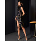 Sophisticated black cheongsam with embroidered dragon and phoenix motifs and side slit.