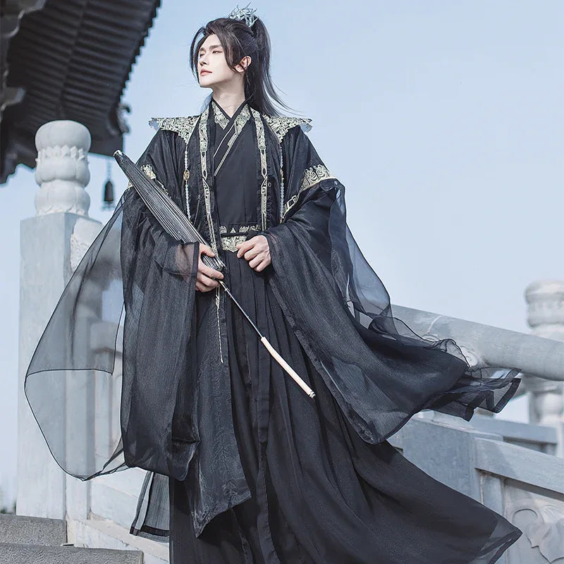 Cloud Collar Elegance – Unisex White Embroidered Modern Hanfu | Flowing Wide-Sleeve Wei-Jin Style Outfit - Yandan_Hanfu