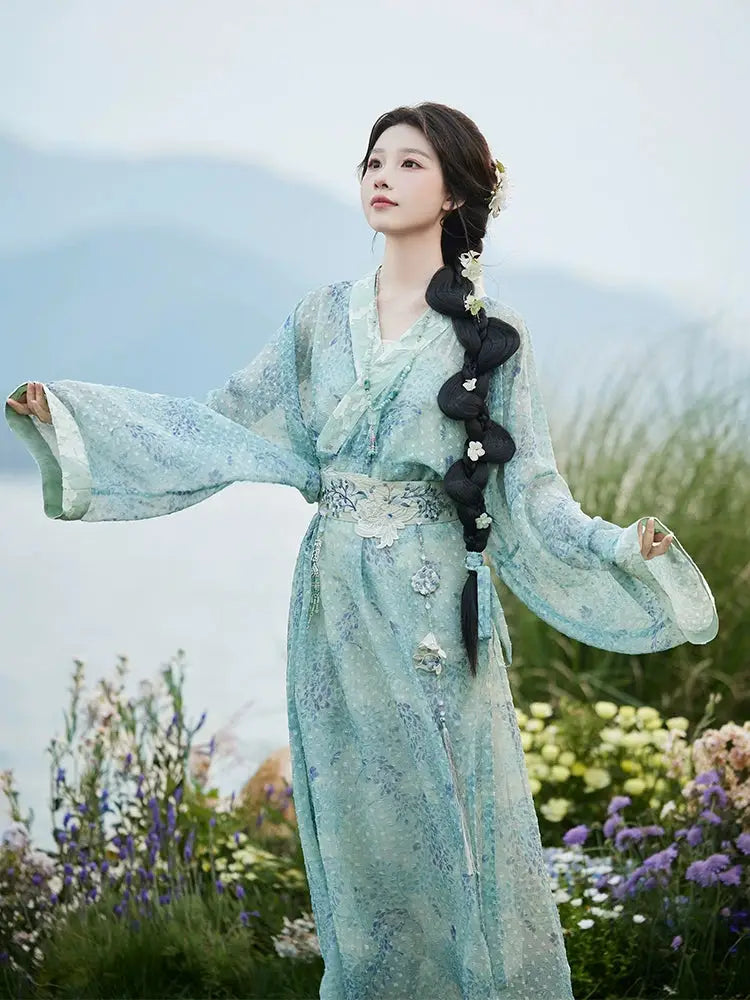 Whisper of Spring – Embroidered Blue Hanfu Dress with Waist Sash | Elegant Straight-Cut Robe in New Chinese Style