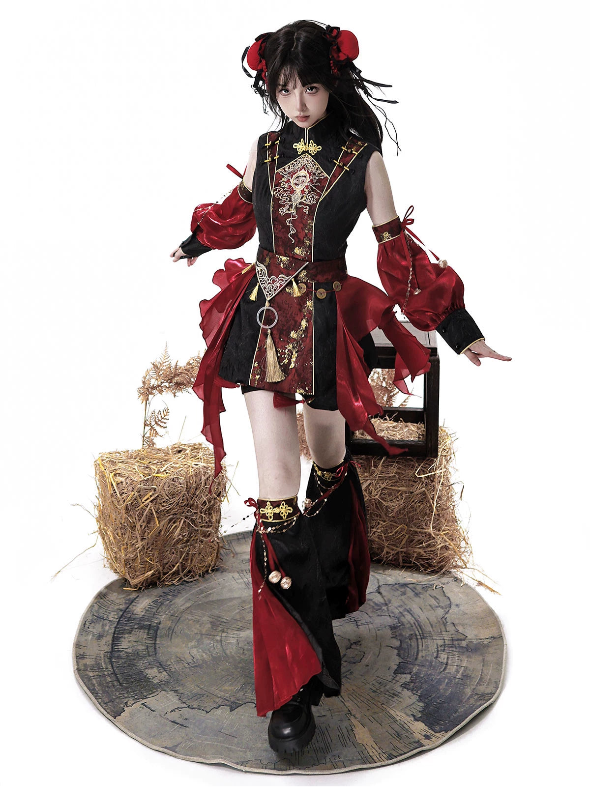 Front view of the complete red and black stage outfit
