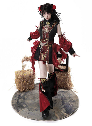 Front view of the complete red and black stage outfit