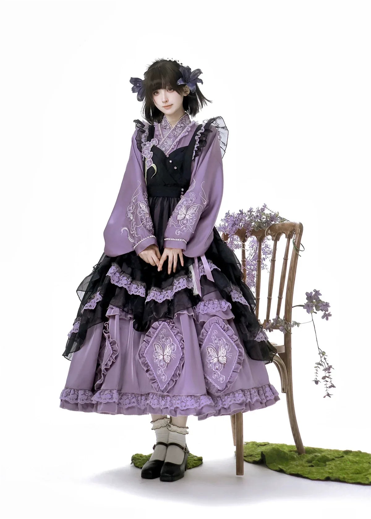 Chinese-Inspired Purple Lolita Dress Elegant Daily Wear with Apron, Dress / M Chinese-Inspired Purple Lolita Dress Elegant Daily Wear with Apron, Dress / M