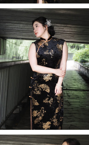 Plus Size Sleeveless Qipao – New Chinese Style Vintage-Inspired Gold Foil Cheongsam for Women - Yandan_Hanfu