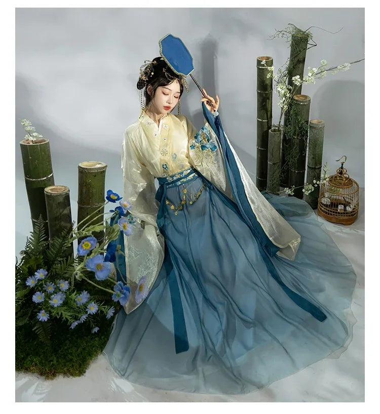 Wei Jin | Hanfu Women's Blue & Red Princess Dress Waist-length Broken Skirt Embroidery Suit One Set / L / Red Wei Jin | Hanfu Women's Blue & Red Princess Dress Waist-length Broken Skirt Embroidery Suit One Set / L / Red