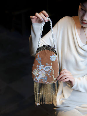 Brown Velvet Evening Clutch | Hand-Embroidered with Elegant Fringe Qipao Bag - Yandan_Hanfu