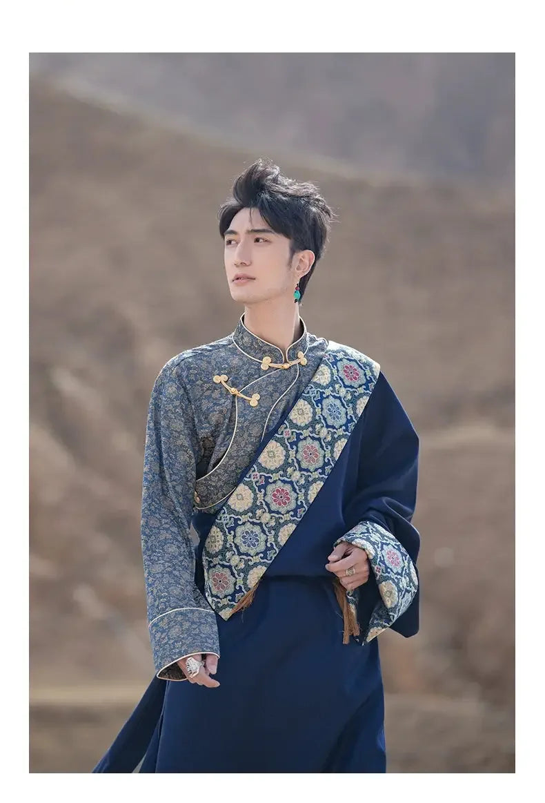 modern tibetan dress male Blue Tibetan Men's Robe Traditional Winter Coat with Ethnic Style shirt / 2XL