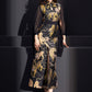 Front view of tiger jacquard cheongsam with high slit and sheer sleeves.