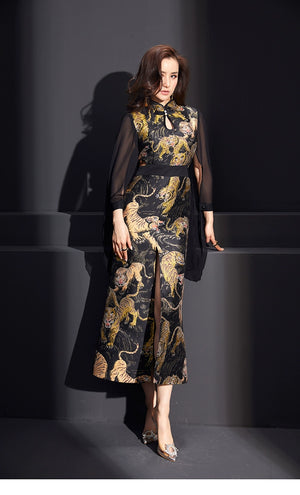 Front view of tiger jacquard cheongsam with high slit and sheer sleeves.