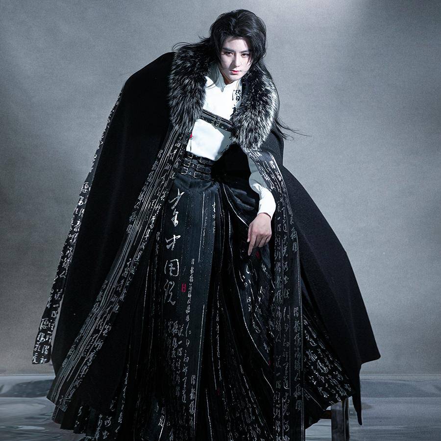 Woolen cloak calligraphy woven silver and black fur collar handsome national trendy man