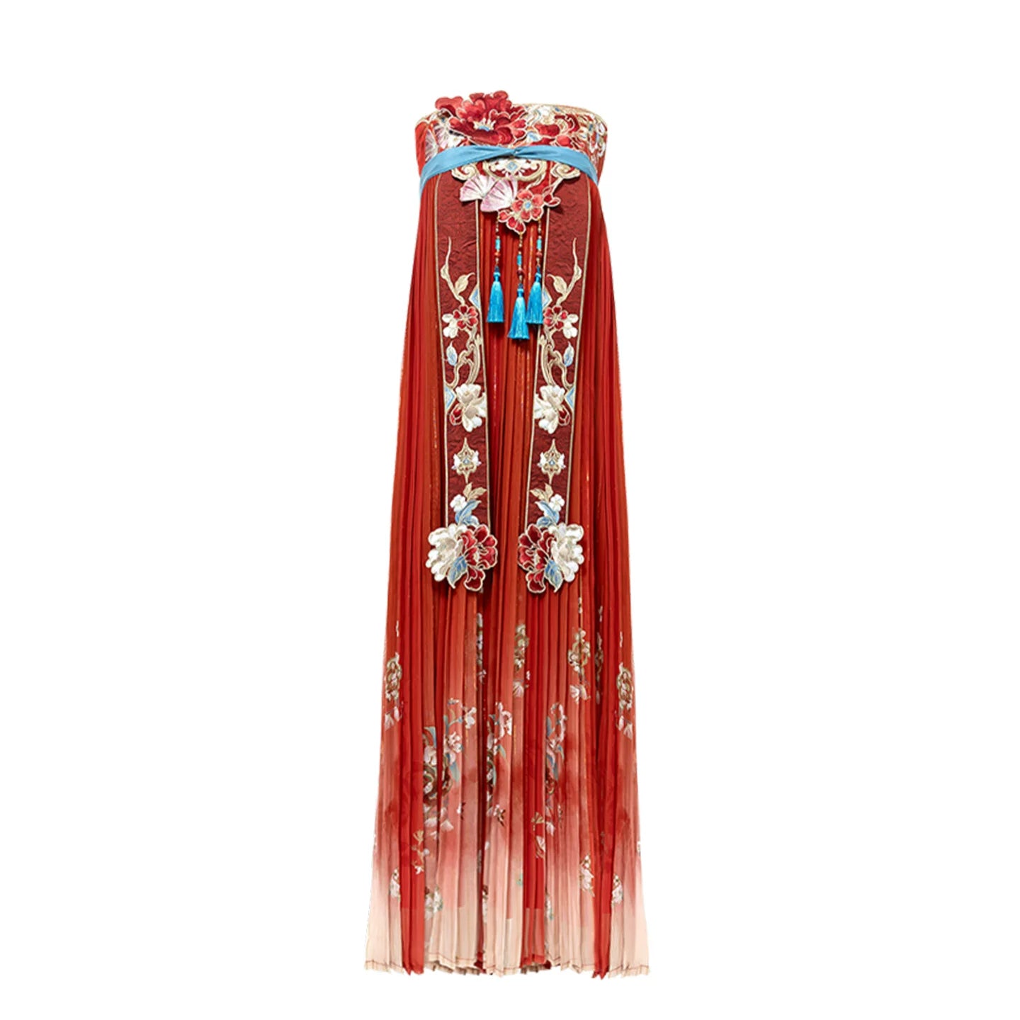 Chinese bridal Hanfu detail view with traditional embroidery and fabric texture