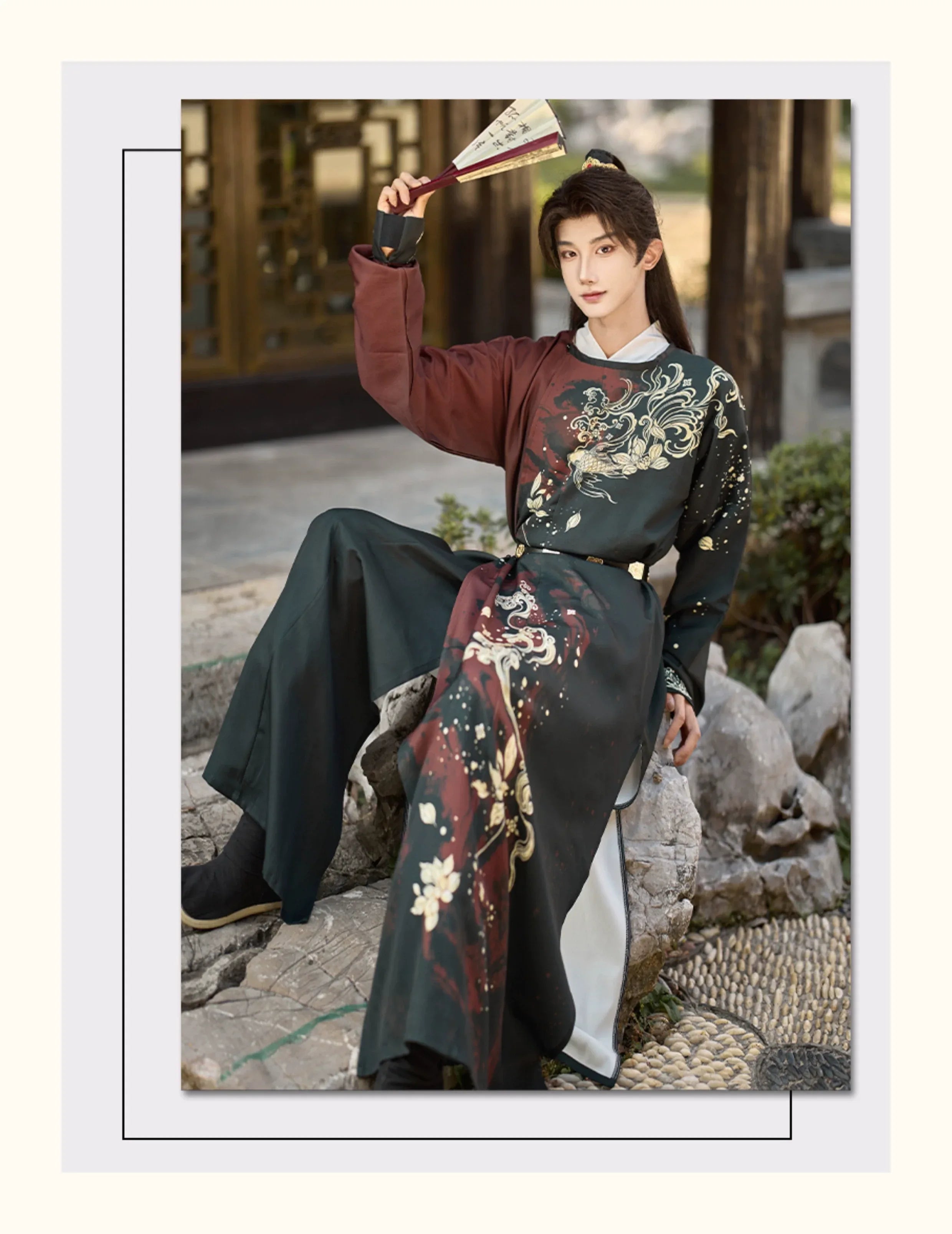 Golden Fish Over the Desert Tang-Inspired Round Collar Hanfu Coat w Green Jade Full Hall Crew Neck Robe Set (Top + Pants + Crew Neck Robe + Belt) / Golden Fish Over the Desert Tang-Inspired Round Collar Hanfu Coat w Green Jade Full Hall Crew Neck Robe Set (Top + Pants + Crew Neck Robe + Belt) /