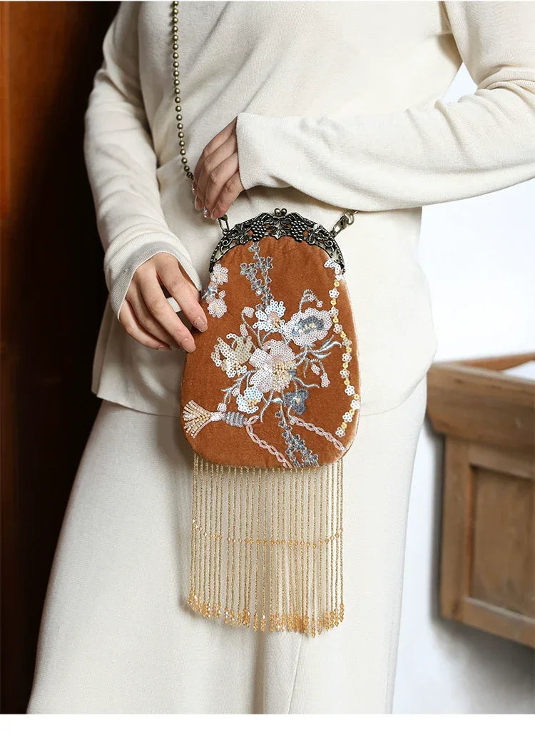 Brown Velvet Evening Clutch | Hand-Embroidered with Elegant Fringe Qipao Bag - Yandan_Hanfu