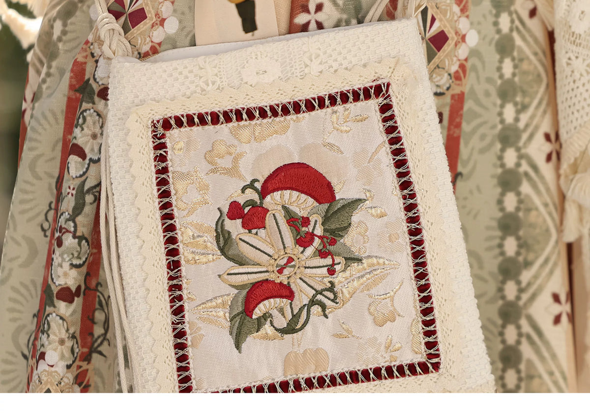 Matching bag embroidery-style design and lace border
