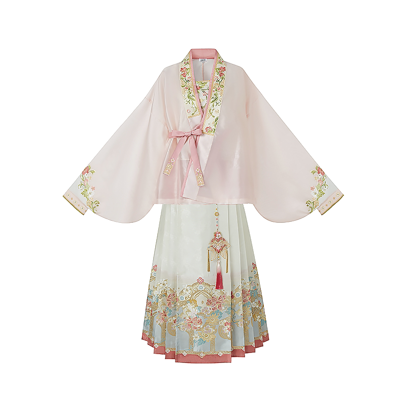 Bogu Peach Blossom full 4-piece Hanfu set on white background