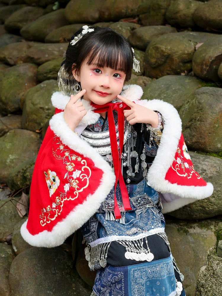 Miao blue dress for girls with red embroidered cape, designed for festive Chinese dance performances and traditional events.