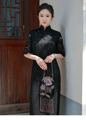 Embroidered Butterflies Black Bag | Canvas Crossbody with Beaded Chain - Yandan_Hanfu