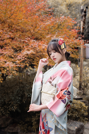 Side view of pink Japanese kimono with floral patterns, worn with a gold obi.