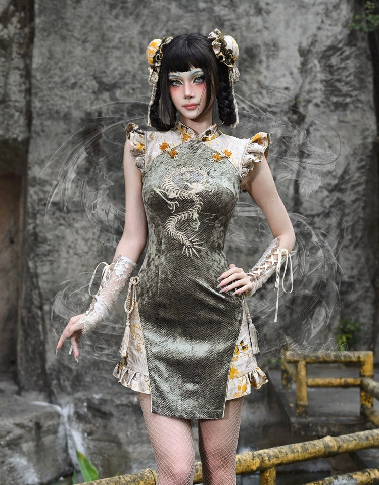 Spring Dragon Festival, Embroidered Short Cheongsam Dress Halloween