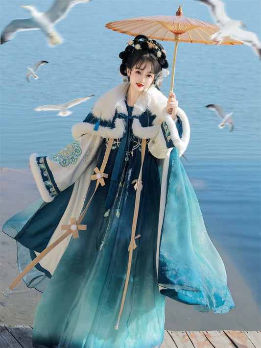 Discover our enchanting blue Hanfu for women, embodying Tang Dynasty's fairy elegance with Han elements. Perfect for daily wear in autumn and winter, our collection includes beautifully crafted shawls and cloaks that evoke a sense of historical charm