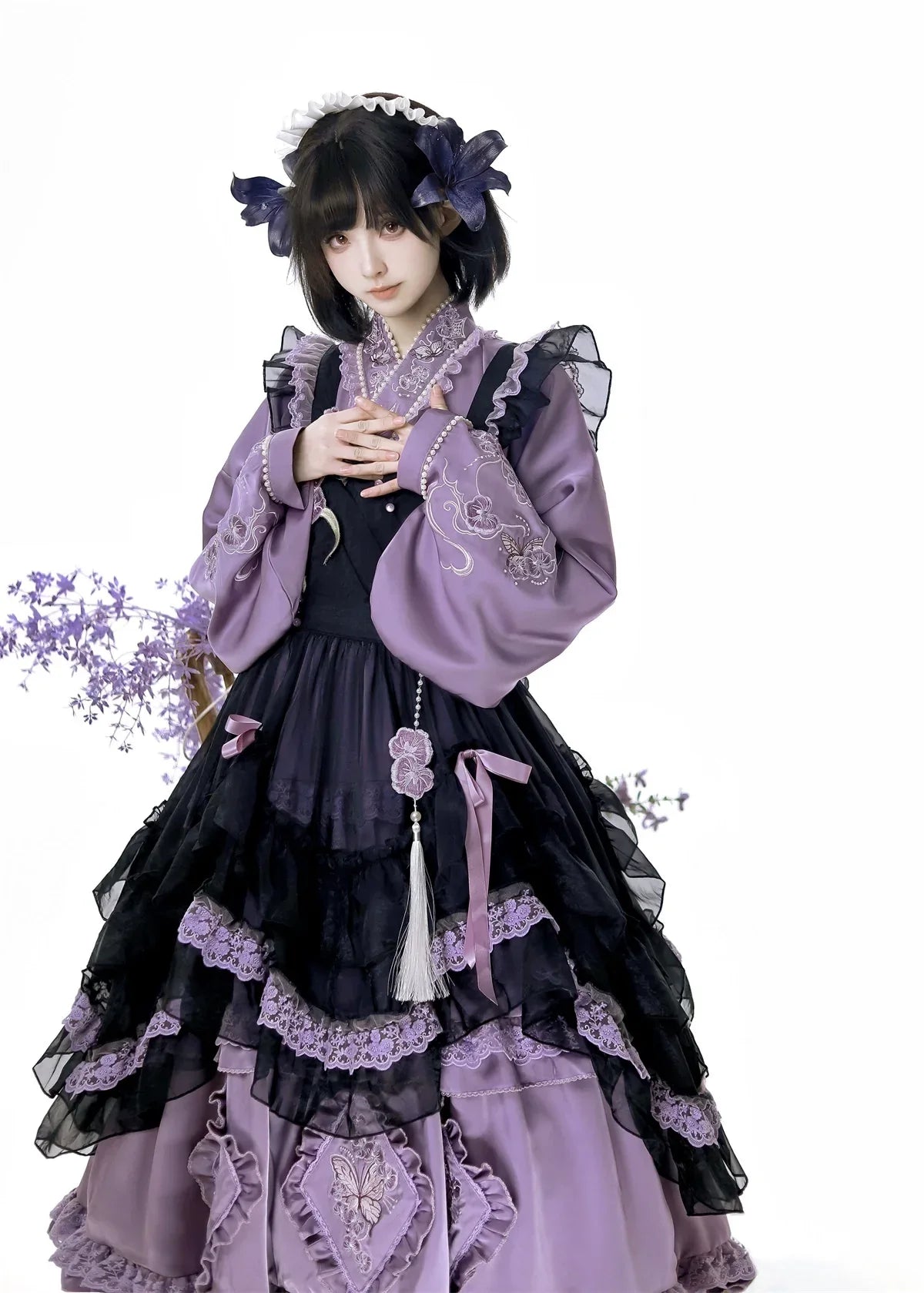 Chinese-Inspired Purple Lolita Dress – Elegant Daily Wear with Apron, Vintage Maid Style & Cottagecore Touch - Yandan_Hanfu