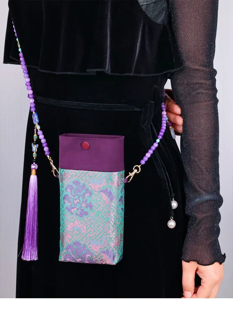 Floral Motif Bag | Color-Block Canvas Crossbody with Beaded Strap - Yandan_Hanfu