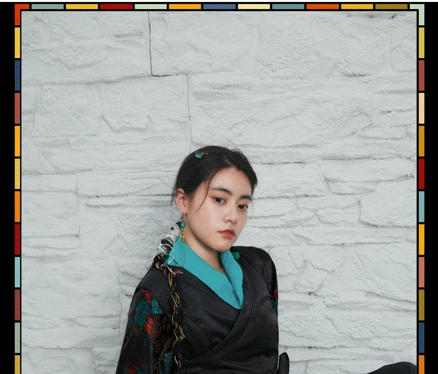 Aqua floral inner layer and black sleeveless pinafore dress product look